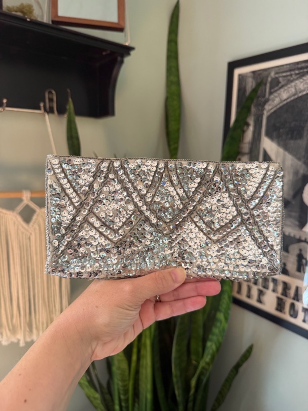 VTG 50s La Regale Silver Sequin Beaded Art Deco Clutch